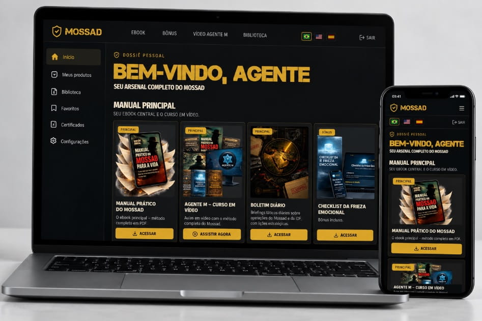 Área de membros do Manual Mossad aberta em um notebook e em um smartphone